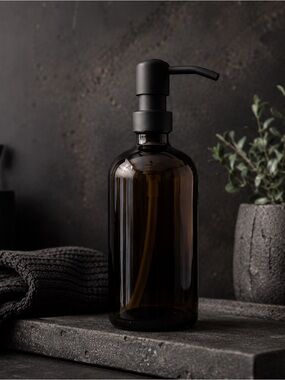 SET OF 2: 16 OZ. GLASS SOAP DISPENSER W/ METAL PUMP (AMBER GLASS/BLACK P…